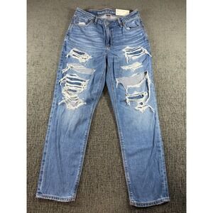 American Eagle Strigid Mom Jeans Medium Repair Crackle Distressed Blue Sz 4 S